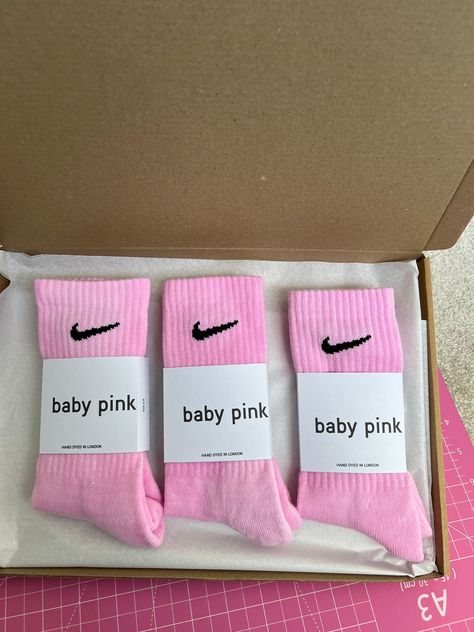 Brand new Nike crew socks hand dyed Size 2-4 5-8 and 8-11 uk sizes in box with labels baby pink Pink Nike Socks, Nike Crew Socks, Girly Decor, Baby Rosa, Pretty Shoes Sneakers, Nike Socks, Pink Socks, Nike Accessories, Pink Nike