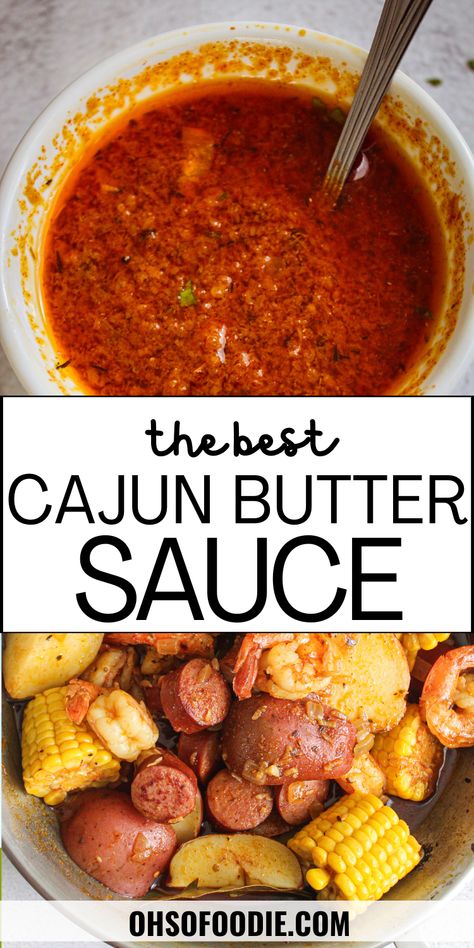 Text reads The Best Cajun Butter Sauce Cajun Broil Recipe, Baked Crab Boil, Cajun Seafood Sauce, Recipes For Seafood Boil, Seafood Boil Shrimp, Boil Seasoning Recipe, Cajun Broil, Sauce For Shrimp Boil, Chicken Seafood Boil