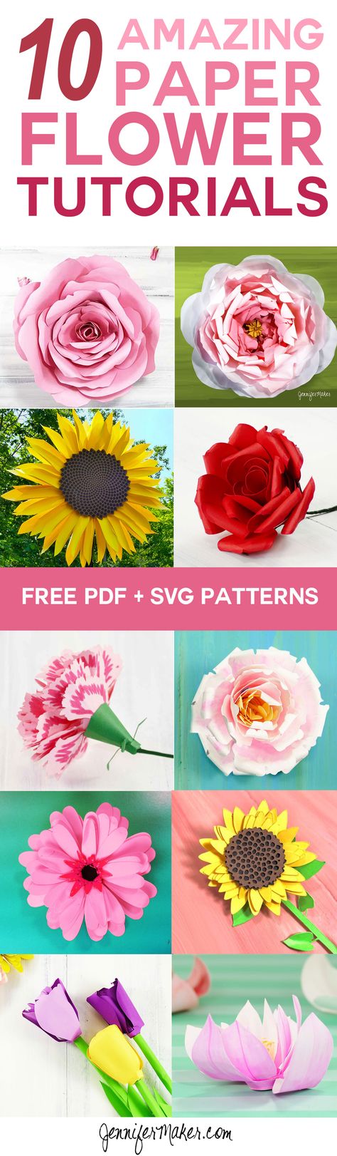 10 Paper Flower Tutorials with Free PDF/SVG Patterns | How to Make DIY Paper Flowers Cricut 3d Flowers Template, 3d Flowers Cricut Svg Free, Cricut 3d Flowers Free, Cricut 3d Flowers Svg, Giant Flowers Svg, Svg Patterns, Jennifer Maker, Diy Paper Flowers, Svg Templates