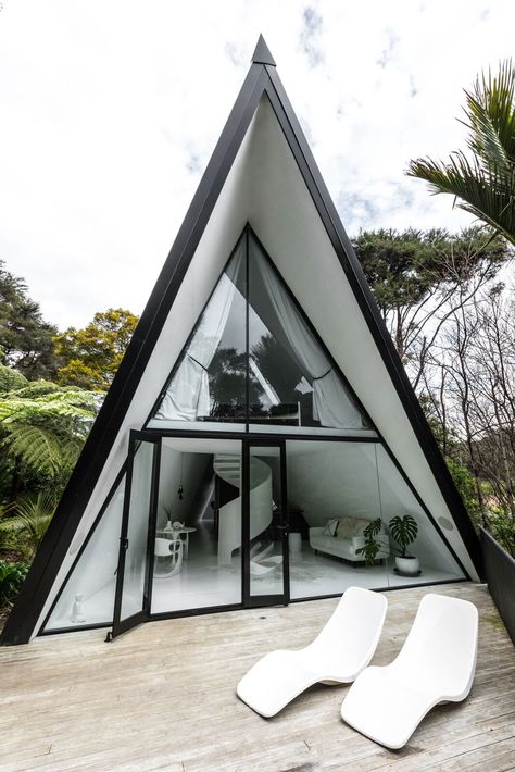 Tent House by Chris Tate Architecture | Project Feature | Auckland, New Zealand | 01.31.2020 Triangle House, Tent House, One Bedroom House, Waiheke Island, A Frame House Plans, Tiny House Floor Plans, A Frame House, Tiny House Cabin, Forest House