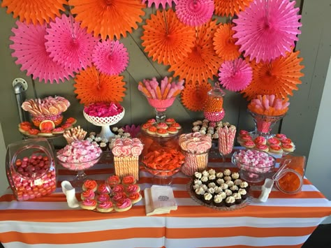 Pink And Orange Candy Table, Hot Pink And Orange Decorations, Grad Party Outdoor Decor, Orange And Pink Party Aesthetic, Pink Orange White Grad Party, Orange Pink Party Decor, Orange And Pink Decor Party, Pink Orange Yellow Graduation Party, Pink Orange And Gold Party Decorations