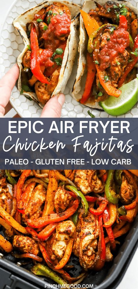 Air Fryer Chicken Fajita Dinner, Air Fryer Healthy Recipes Chicken, Air Fry Chicken Fajita Recipe, Air Fry Fajita Chicken, Air Fryer Recipes Macros, Low Cholesterol Air Fryer Meals, Gluten Free Chicken Air Fryer Recipes, Chicken Fajita Keto Recipes, Air Fryer Supper Recipes