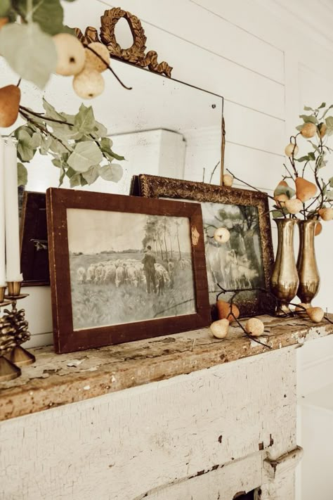 Eclectic Antique Fall Pear Mantel 16 Vintage Fall Decor, Fall Decor Inspiration, Interior Vintage, Mirror Ideas, Fall Inspiration, Farm Style, Antique Frames, Vintage Fall, Farmhouse Fall