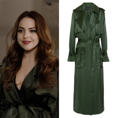 Silk Trench Coat, Dynasty Tv Show, Dynasty Closet, Liz Gilles, Dynasty Outfits, Marchesa Dress, Liz Gillies, Cute Pjs, Leather Jumpsuit