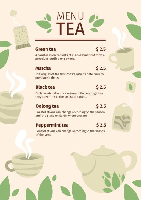 Hand-drawn Flat Leaves And Cups Tea Shop Menu Menu Poster, Editing Tool, Food Logo, Peppermint Tea, Brand Kit, Oolong Tea, Seasons Of The Year, Logo Food, Editing Tools