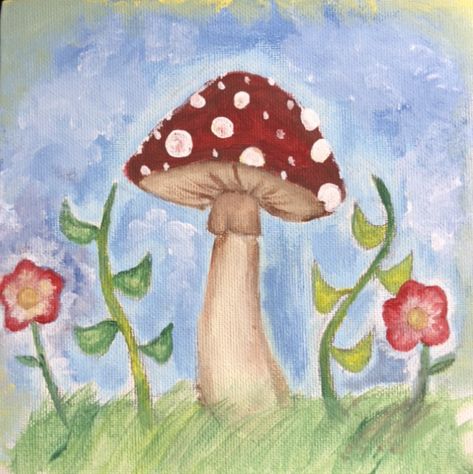 Cottagecore Painting Aesthetic, Cottagecore Drawings Easy, Cottagecore Painting Ideas, Aesthetic Paintings Easy, Cute Mushroom Painting, Mushroom Painting Ideas, Mushroom Paintings, Mushroom And Flowers, Mushrooms Painting