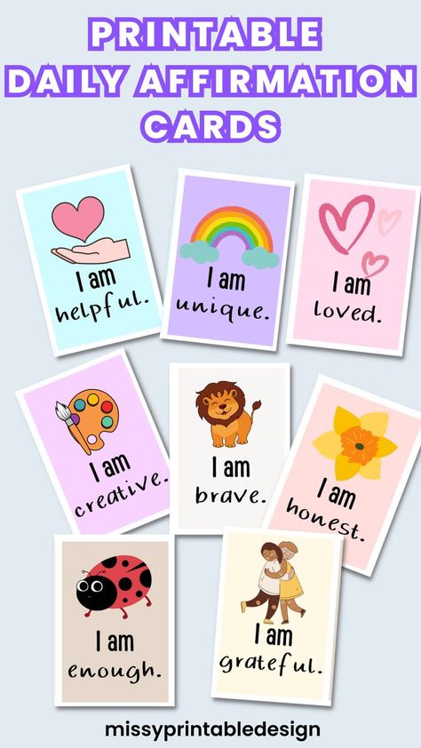 Free Printable Affirmation Cards, Affirmation Cards For Kids, Affirmation Cards Printable, Emotions Cards, ملصق ديني, Positive Affirmations For Kids, Affirmation Board, Printables Free Kids, Flashcards For Kids