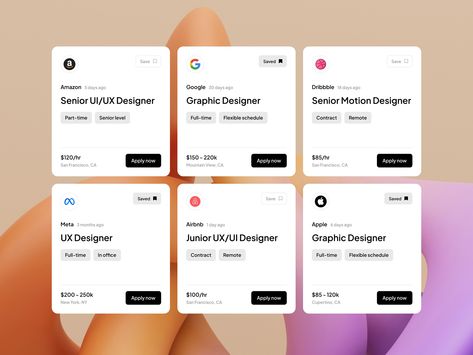 Job Cards (UI Components) by Kylinn Rich on Dribbble Job Card Design, Ux Card Design, Website Cards Design, Ui Cards Design, Card Ui Design Mobile, Card Ui Design Website, Web Card Design, Website Card Design, Search Ui Design