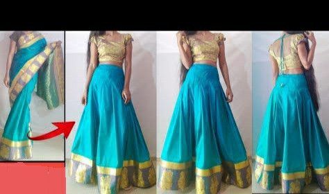 Saree Into Lehenga, Saree Reuse Ideas, Lehanga Saree, Saree Reuse, Cute Tshirt Designs, Reuse Ideas, Sari Skirt, Lehenga Pattern, Indian Skirt