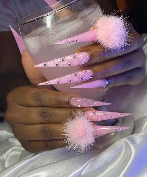 Pointed Nail Designs, Louis Vuitton Nails, Puff Balls, Long Acrylic Nail Designs, A Vision Board, Pointed Nails, Colored Acrylic Nails, Pearl Nails, Long Square Acrylic Nails