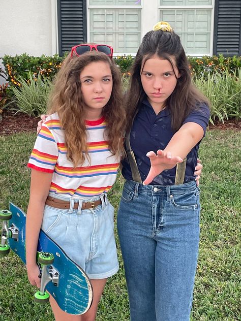 Max and El El And Max Costumes, Stranger Things Duo Costumes, Max And Eleven Outfits, Eleven And Max Halloween Costume, Max And Eleven Costume, Eleven And Max Costume, 80s Duo Costumes, Eleven From Stranger Things Costume, Max Costume Stranger Things