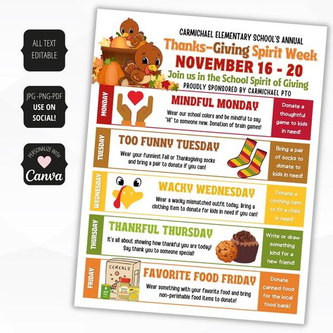 Thanksgiving Spirit Week Ideas For Work, Spirit Week Ideas Preschool, November Spirit Week Ideas, Work Spirit Week Ideas, Underground Spirit Week For Teachers, Homecoming Spirit Week Ideas, Winter Spirit Week Ideas, Fall Spirit Week Ideas, October Spirit Week Ideas