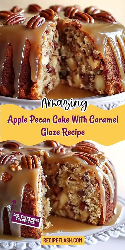 Satisfy your cravings with this delectable Apple Pecan Cake topped with a gooey Caramel Glaze! This dessert recipe combines the flavors of fresh apples and crunchy pecans for a delightful treat. Ideal for celebrations or everyday indulgence, this cake is sure to become a family favorite. Bake it today! Apple Cake With Icing, Orange Candy Cake, Apple Pecan Caramel Cake, Coconut Apple Cake, Apple Pecan Cake With Caramel Sauce, Stacked Apple Cake, Fresh Apple Cake With Caramel Glaze, Pecan Cake Recipes Homemade, Apple Nut Cake