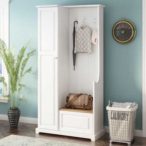 Description: Modern Minimalist Style: This hall tree features a sleek exterior that complements any home decor. The groove lines on the front panel further enhance its visual effect and the bench with wood grain sticker increase a natural touch. Hallway Shoe Cabinet, Minimalist Hallway, Bench Hallway, Hallway Organization, Entryway Hall Tree, Hall Tree With Storage, Design Hall, Entryway Coat Rack, Hallway Coat Rack