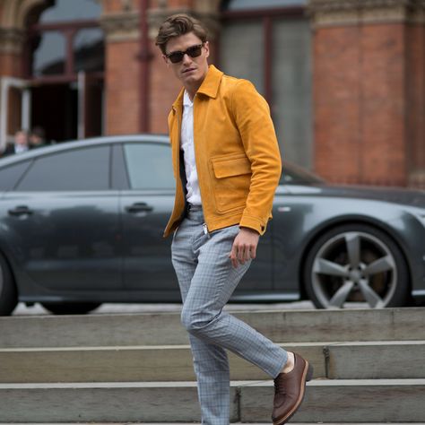 •Men Classy Blog• Bomb Jacket, Mustard Outfits, Oliver Cheshire, Mustard Jacket, Fox Fashion, Street Style For Men, African Suit, Looks For Men, Simple Clothes