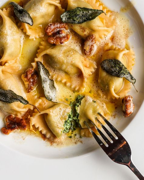 Spinach and Ricotta Agnolotti in a Sage Butter Spinach And Ricotta Agnolotti Sauce, Spinach Ricotta Ravioli, Butter Sauce For Pasta, Spinach And Ricotta Ravioli, Burnt Butter, Sauce For Pasta, Blue Rocks, Ricotta Ravioli, Spinach And Ricotta