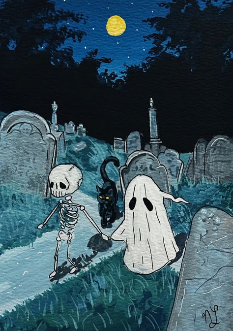 5" x 7" gouache painting from Sad Soulmates collection. print comes framed & signed! Cute Graveyard Drawing, Spooky Paintings Ideas, Halloween Gouache Painting, Tombstone Painting, Cute Ghost Pumpkin Carving, Spooky Art Aesthetic, Halloween Themed Paintings, Graveyard Painting, Ghost Pumpkin Carving