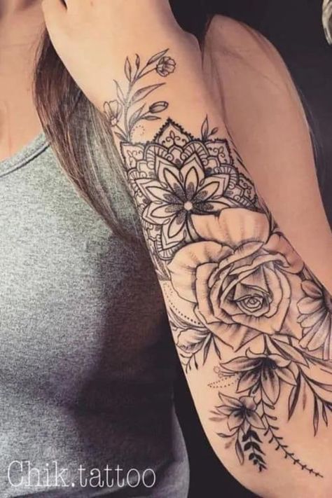 You have some tiny tats, but now you want more? You've come to the right place if you're looking for girly half-sleeve tattoo ideas for females. Ornamental Dotwork, Blackwork Floral, Tato Mandala, Half Sleeve Tattoos Forearm, Mandala Tattoo Sleeve, Tattoos For Women Half Sleeve, Men Tattoos, Floral Tattoo Sleeve, Forearm Tattoo Women