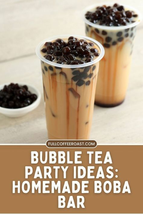 Create the ultimate bubble tea theme party with a homemade boba bar! Let guests customize their drinks with this fun build your own boba bar experience. Add in cool boba things for a memorable boba tea station party—complete with everything from a bubble tea kit to unique toppings! Tea Station Party, Boba Tea Station, Boba Tea Party, Bubble Tea Party, Homemade Boba, Coconut Milk Tea, Boba Bar, Bubble Boba, Tea Party Ideas