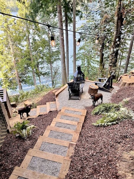 Lake House Backyard, Hillside Deck, Steep Backyard, Slope Garden, Cottage Landscaping, Cottage Stairs, Patio Paradise, Awesome Furniture, Bellingham Washington