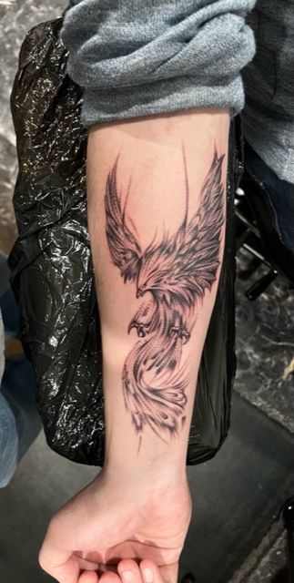 phoenix tattoo, mystical tattoo, rebirth tattoo, black and grey tattoo, meaningful tattoo, bird tattoo, realistic ficion tattoo Bird Tattoo Realistic, Phoenix Forearm Tattoo, Rebirth Tattoo, Tattoo Meaningful, Tattoo Black And Grey, Black And Grey Tattoo, Mystical Tattoos, Tattoo Bird, Flying Tattoo