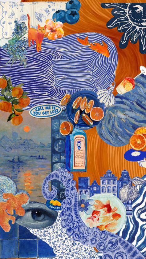 #monet #wallpaper #collage #blue #orange #summeraesthetic 2000s Summer Wallpaper, Orange Blue Room, Collage Wall Prints Aesthetic, Orange Collage Wallpaper, Wallpaper Backgrounds Collage, Orange Blue Aesthetic, Laptop Wallpaper Collage, Orange And Blue Wallpaper, Blue And Orange Wallpaper