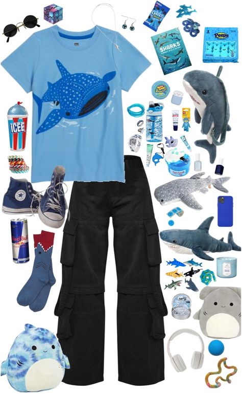 Shark Outfit Ideas, Shark Shirt Aesthetic, Shark Aesthetic Outfits, Shark Themed Outfit, Shark Core Outfits, Silly Outfit Ideas, Fishcore Outfit, Roblox Shark Outfit, Sharkcore Outfits