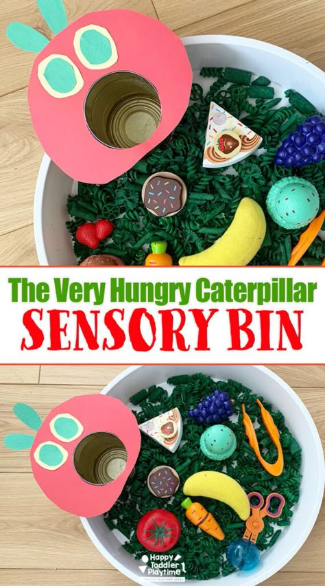 The Very Hungry Caterpillar Sensory Bin - Happy Toddler Playtime Colors Sensory Bin Preschool, Sensory Bins For Upper Elementary, Tubes And Tunnels Sensory Bin, Alligator Sensory Bin, Two Year Old Classroom Activities, Book Themed Activities Preschool, Feed The Animals Sensory Bin, Hunger Caterpillar Activities, Farmers Market Sensory Bin