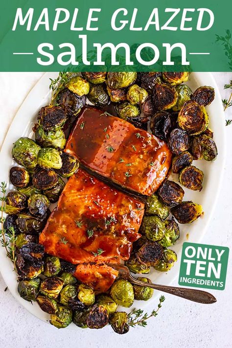 Maple Soy Salmon, Salmon And Veggies, Oven Roasted Salmon, Maple Glazed Salmon, Quick Salmon, Brussel Sprout Recipes Roasted, Roasted Sprouts, Crusted Salmon, Spicy Salmon