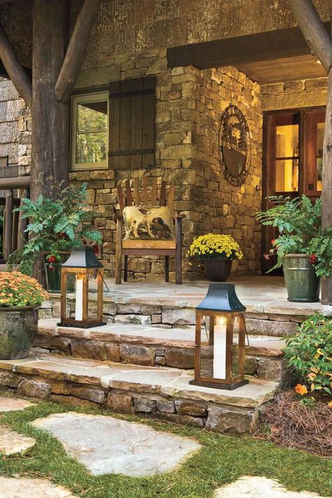 Simple Style Rustic Porch Ideas, Rustic Front Porch, Stone Porches, Front Porch Steps, Patio Steps, Stone Steps, Rustic Porch, Wooden Porch, Porch Steps