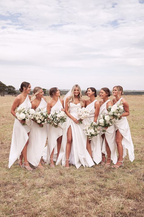 Off White Bridesmaids, Off White Bridesmaid Dresses Ivory, Wedding White Party, Bridesmaids Wearing White, White Bridesmaids Dress, White Wedding Bridesmaids Dresses, All White Wedding Bridesmaids, All White Wedding Party, Off White Bridesmaid Dresses