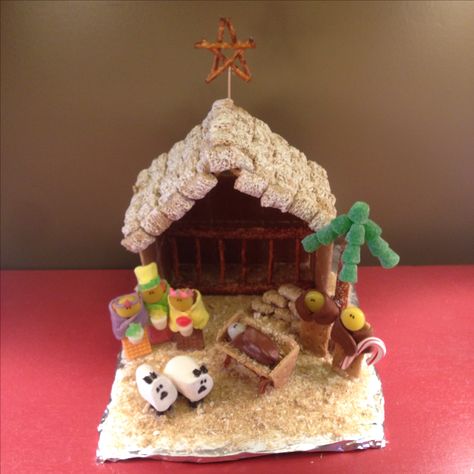 Christmas gingerbread nativity Nativity Gingerbread House Ideas, Manger Gingerbread House Nativity Scenes, Nativity Scene Gingerbread House, Nativity Gingerbread House, Gingerbread Nativity Scene, Gingerbread House Nativity, Candy Nativity Scene, Gingerbread Nativity Kids, Edible Nativity Crafts For Kids