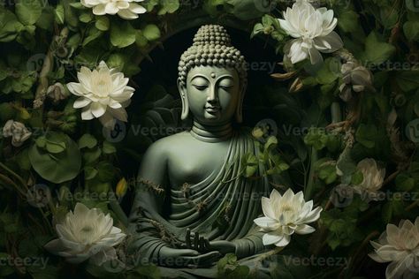 Buddha statue with lotus flower and green leaves background AI Generated Buddha With Lotus, Gautam Budh, Buddha Background, Green Leaves Background, Leaf Photo, Green Leaf Background, Leaves Background, Blue Background Images, Leaf Background