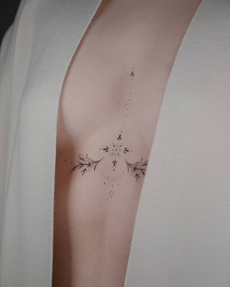 Women's Chest Piece Tattoo, Tattoo Chest Woman, Cleavage Tattoos For Women, Cleavage Tattoos, Tattoo Under Chest, Line Drawing Tattoos, Whimsical Tattoos, Basic Tattoos, Hyper Realistic Tattoo