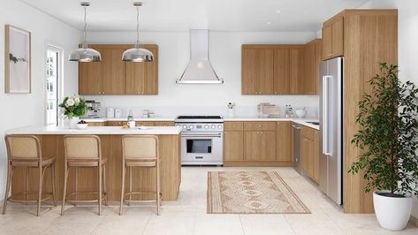 White Oak Veneer Kitchen Cabinets, White Cabinets With Wood Island, Kitchens With Light Wood Cabinets, Rift Cut White Oak Cabinets, Slim Shaker Cabinets Kitchen, White Oak And White Kitchen, White Oak Cabinets Kitchen, Slim Shaker Kitchen, Slim Shaker Cabinet