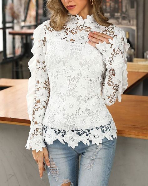 Ruffles Design, Floral Lace Blouse, Confection Au Crochet, Cookie Cups, Elegant Blouses, Lace Dresses, Diy Keychain, Trend Fashion, Cotton Crochet