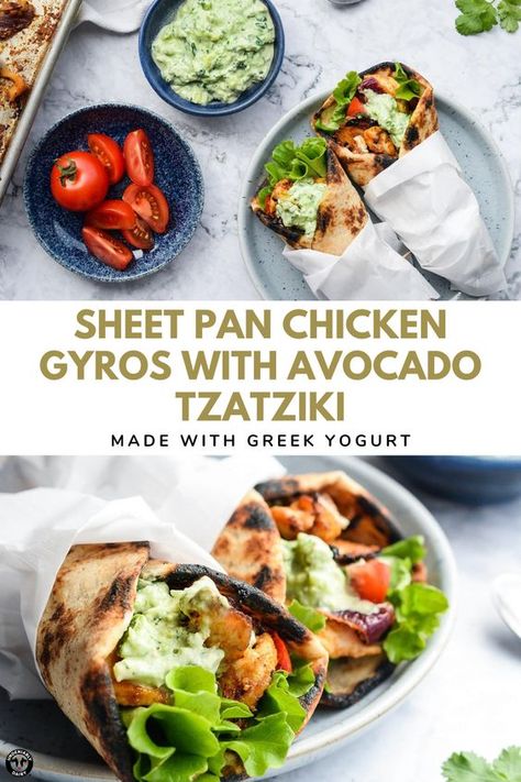 Colorful Lunch Ideas, Sheet Pan Chicken Gyros, Mediterranean Sheet Pan, Produce Drawer, Chicken Gyro, Avocado Crema, Sheet Pan Chicken, Pan Recipe, Chicken Gyros