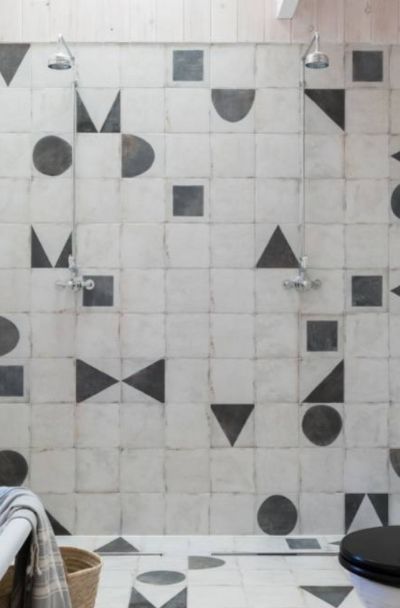 23 Geometric Tile Design Ideas For Kitchen & Bath | Sebring Design Build Graphic Tile Backsplash, Bathroom Tiles Geometric, Black Terrazzo Bathroom, Graphic Tile Bathroom, Geometric Kitchen Floor Tiles, Bauhaus Bathroom Tiles, Geometric Tiles Bathroom, Geometric Tile Backsplash, Geometric Tile Design