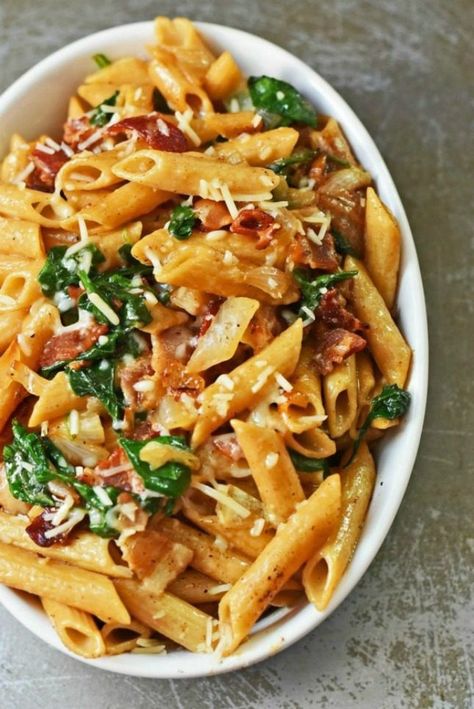 Comfort Food Healthy, Bacon Pasta Recipes, Whole Grain Pasta, Onion Pasta, Summer Pasta Recipes, Penne Pasta Recipes, Pastas Recipes, Bacon Pasta, Rice Pasta