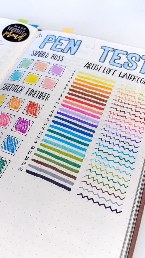 Colourful pen swatches on an A5 dotted notebook bullet journal page Bujo Pen Swatch Page, Pen Swatch Ideas, Pens You Need, Marker Swatch Ideas, Pen Swatches Bullet Journal, Bujo Pen Test, Colorful Journal Ideas, Bullet Journal Filler Pages, Bullet Journal Must Haves