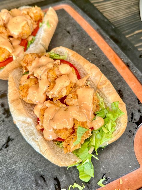 Bang Bang Shrimp Po’ Boy Sandwich Shrimp Poboy Sandwich Sauce, Fried Shrimp Poboy Sandwich, Shrimp Poor Boy Sandwich Recipes, Po Boy Sandwich Shrimp, Poor Boy Sandwich Recipes, Grillnation Recipes, Shrimp Poboy Sandwich, Po Boy Sandwich Recipe, Poboy Sandwich