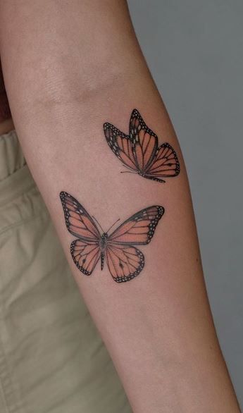 Monarch Butterfly Tattoo Linework, Landed Butterfly Tattoo, Butterfly’s Flying Tattoo, Two Monarch Butterflies Tattoo, Butterfly Tattoo Placement Ideas Arm, Closed Wing Butterfly Tattoo, Tattoo Ideas Butterfly Flower, Butterfly Tattoo Locations, Butterfly Tattoos Color