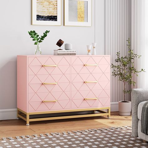 The Dual chest of drawers with a simple design The white/black/pink finish, gold handles, and then adding concave and convex lines to the simple engineered wood panel, are perfect for multiple occasions like office, bedroom, and kitchen. Not only can be used as a clothing organizer/lingerie dresser/TV stand, but also can be an accent storage cabinet for living room. It can easily match any interior style£¡ Freestanding Shelving, Dresser Tv Stand, Dresser With Tv, Wide Chest Of Drawers, Modern Chests, Modern Chest Of Drawers, Accent Storage Cabinet, Dresser For Bedroom, Sleek Storage