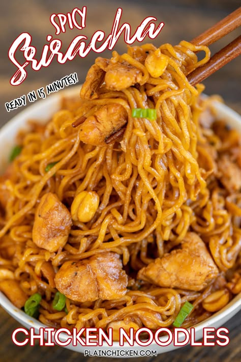 Spicy Sriracha Chicken Noodles - ready to eat in 15 minutes! No joke!!! SO easy!!! Only 6 ingredients - Chicken, ramen noodles, brown sugar, soy sauce, sriracha, and peanuts. Garnish with green onions. Great way to use up leftover chicken! Can add broccoli, green beans or asparagus. We ate this twice in one week. Everyone LOVES this easy noodle bowl!! #chicken #asian #ramen #noodles Noddle Recipes, Spicy Sriracha Chicken, Chicken Asian, Asian Ramen, Bowl Chicken, Yummy Noodles, Noodles Recipes, Chicken Ramen, Sriracha Chicken