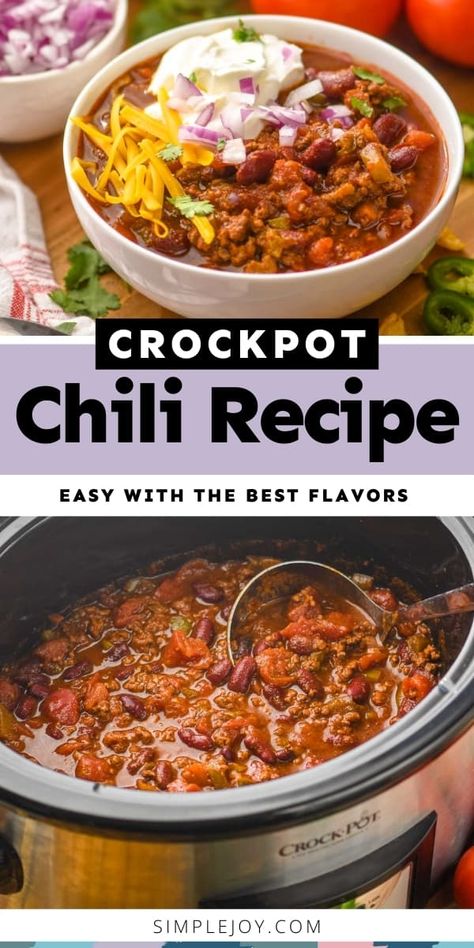 This Crockpot Chili recipe is a winner! Hearty and full of flavor, you will love coming home to this great dinner. Fall Recipes Chili, Best Crock Pot Chilli Recipes, Crockpot Chili Easy Simple, Easy Chili Recipe Crockpot No Tomatoes, Crockpot Chili With Cocoa Powder, Chili Bean Soup Recipe Crock Pot, Chili Recipe Crockpot Sweet, Crockpot Chili Beans Easy, Easy No Bean Chili Recipe Crockpot