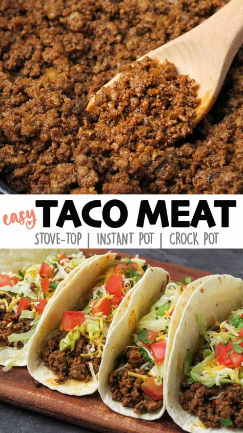 Easy Taco Meat {Skillet, Instant Pot, or Crock Pot} Easy Taco Recipes Beef, Crock Pot Taco Meat, Easy Taco Meat, Party Tacos, Crockpot Taco Meat, Taco Meat Recipe, Easy Taco Recipes, Taco Meat Recipes, Crockpot Turkey