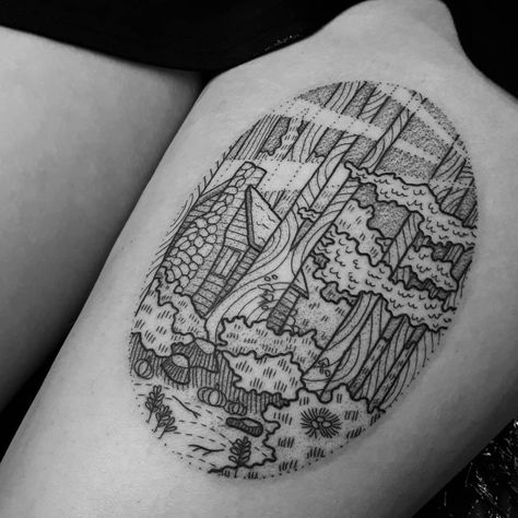 Log Cabin Tattoo, Etching Tattoos, Cabin Tattoo, Tower Tattoo, Circular Tattoo, Etching Tattoo, Forest Cabin, Unique Tattoo Designs, Tree Tattoo