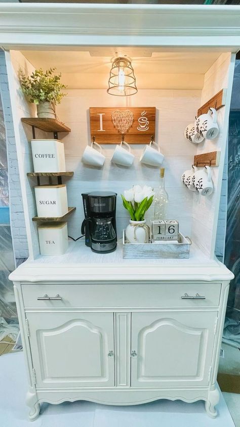 Buffet Cabinet Farmhouse, Coffee Bar Hutch, Coffee/wine Bar, Coffee Cabinet, Coffee Bar Station, Diy Coffee Bar, Farmhouse Coffee Bar, Coffee Bar Design, Home Coffee Stations