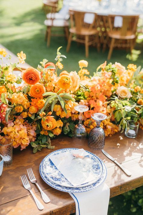 Places, Please Blue And Orange Table Setting, Orange And Yellow Wedding Theme, Mexico Wedding Color Palette, Marigold Wedding Flowers, Sunset Wedding Colors, Blue Orange Weddings, Halloween Core, Dramatic Table, 2024 Planning