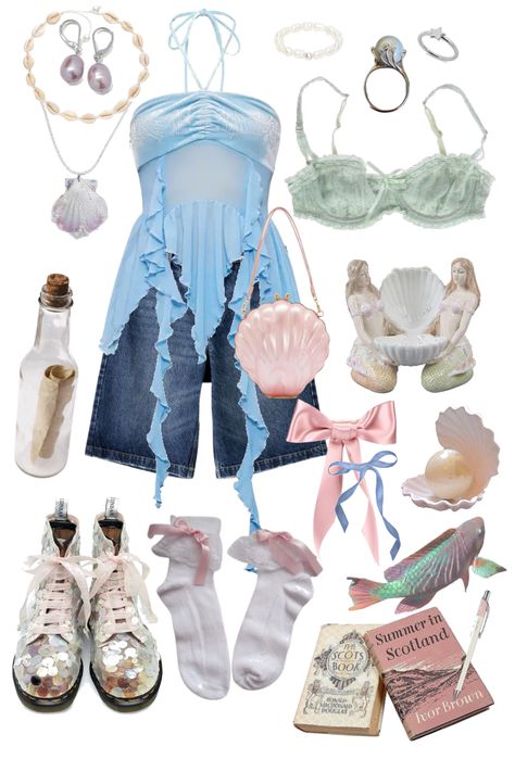 mermaidcore summer outfit outfit ideas | Water Sign Outfits, Y2k Mermaid Outfit, Mermaid Concert Outfit, Mermaid Inspo Outfit, Mermaidcore Outfits Casual, Ocean Theme Outfit, Mermaid Vibes Outfit, Under The Sea Outfits, Seacore Outfit